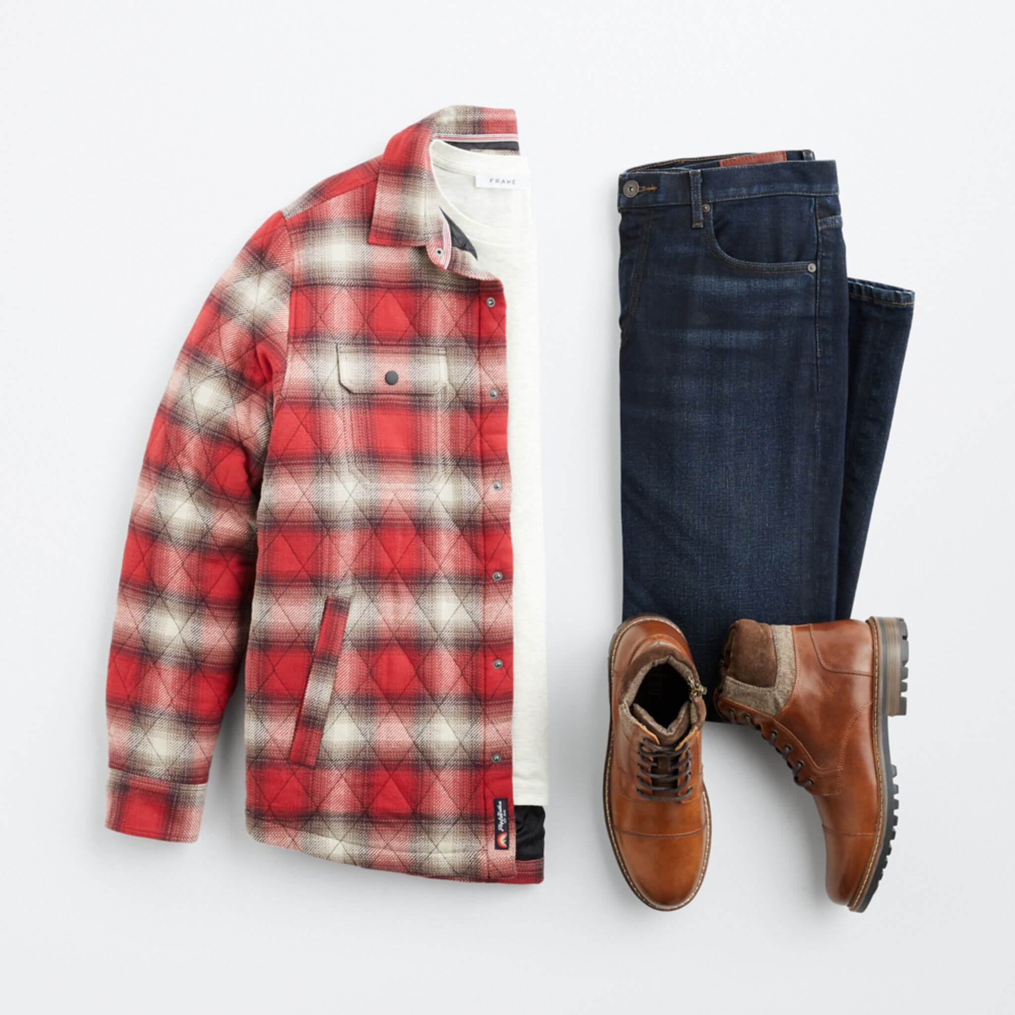 Stitch Fix Men’s cabincore outfit laydown with white shirt, red plaid shacket, dark wash jeans and brown boots.