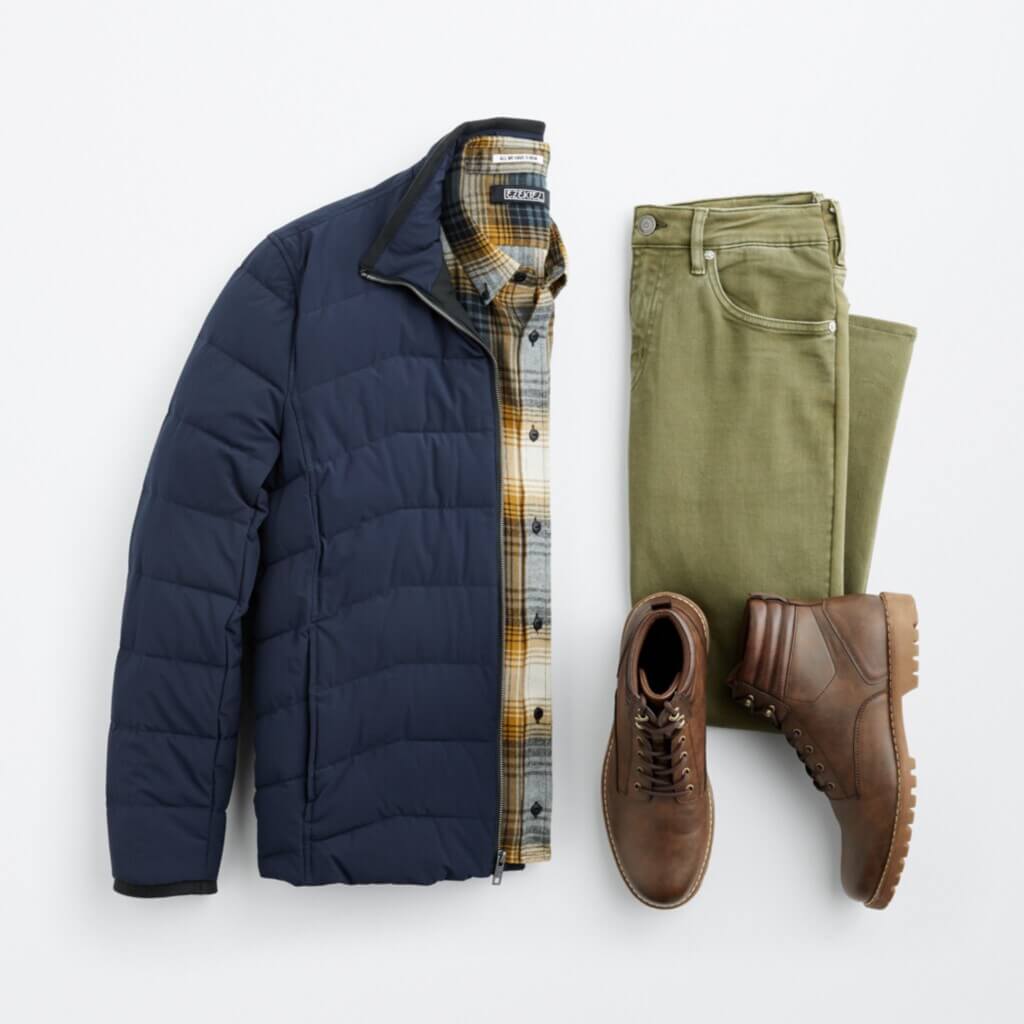 Stitch Fix Men’s cabincore outfit laydown with grey and yellow plaid shirt, navy puffer jacket, olive jeans and brown boots.