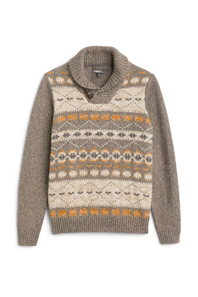 Stitch Fix Men’s tan and mustard Fair Isle shawl collar sweater.