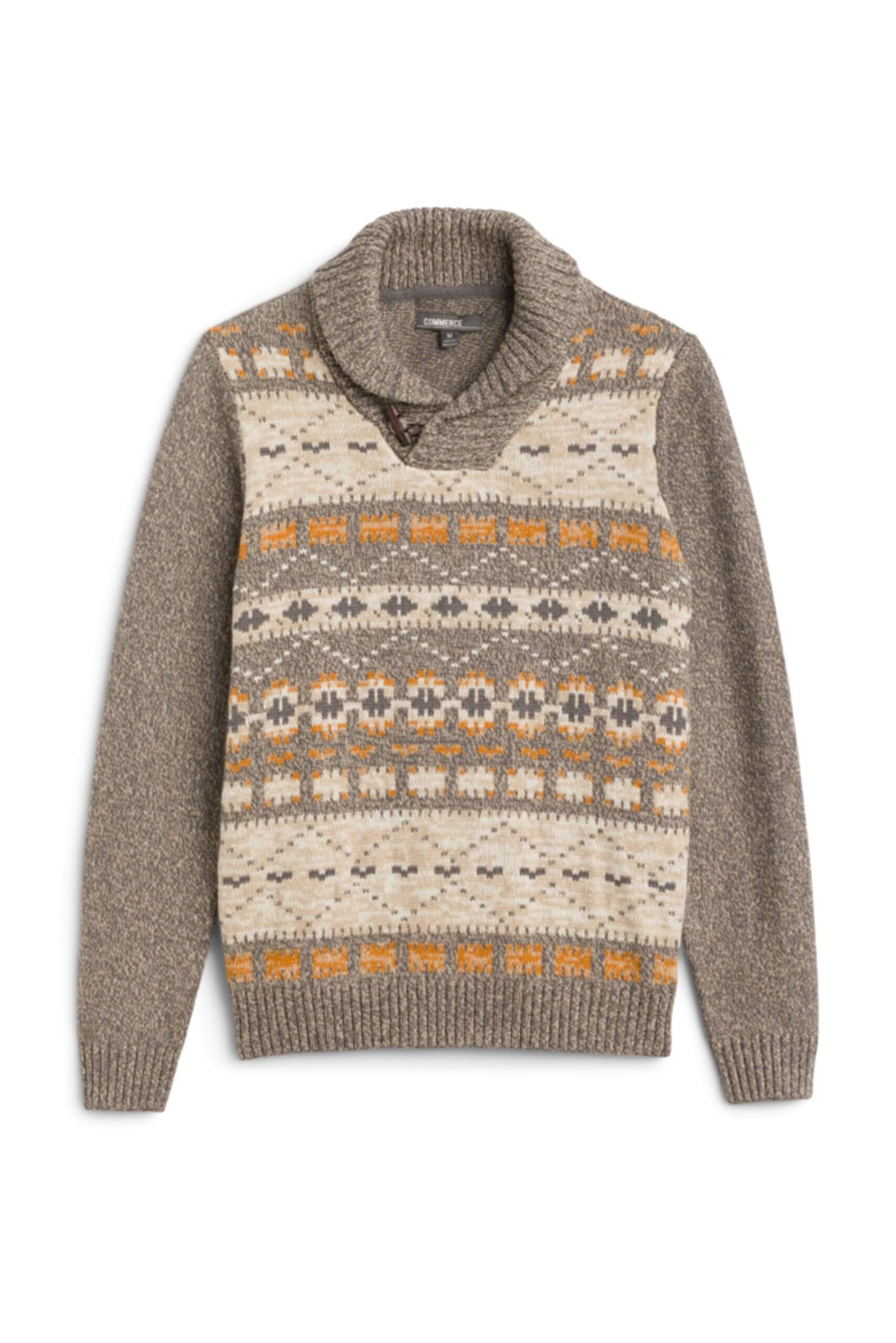 Stitch Fix Men’s tan and mustard Fair Isle shawl collar sweater.