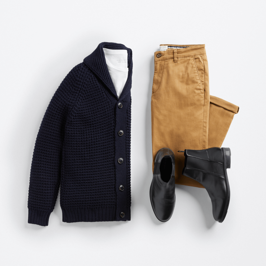 Stitch Fix Men’s laydown cardigan outfit with a white shirt, navy sweater, tan and black boots.