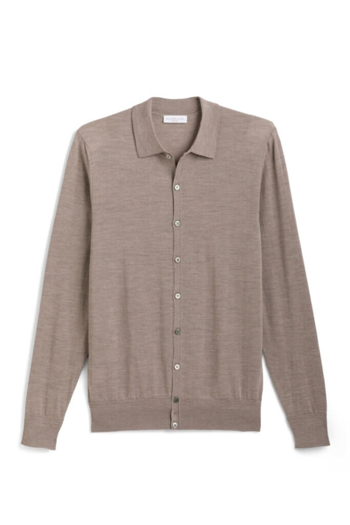 Stitch Fix Men’s taupe collared button-up cardigan.