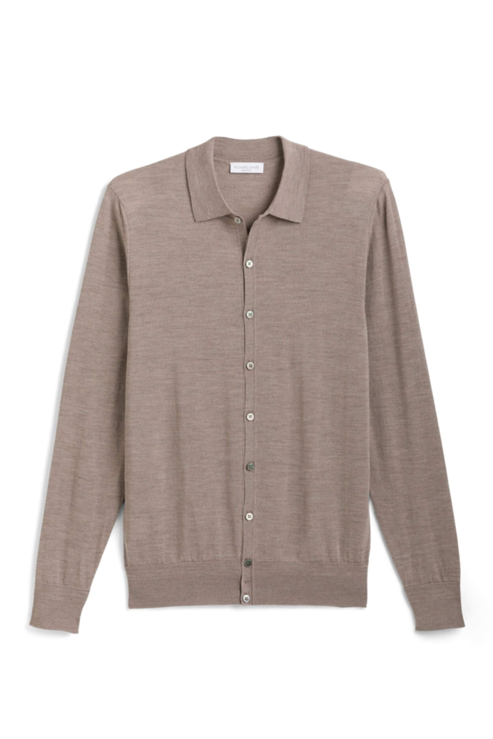 Stitch Fix Men’s taupe collared button-up cardigan.