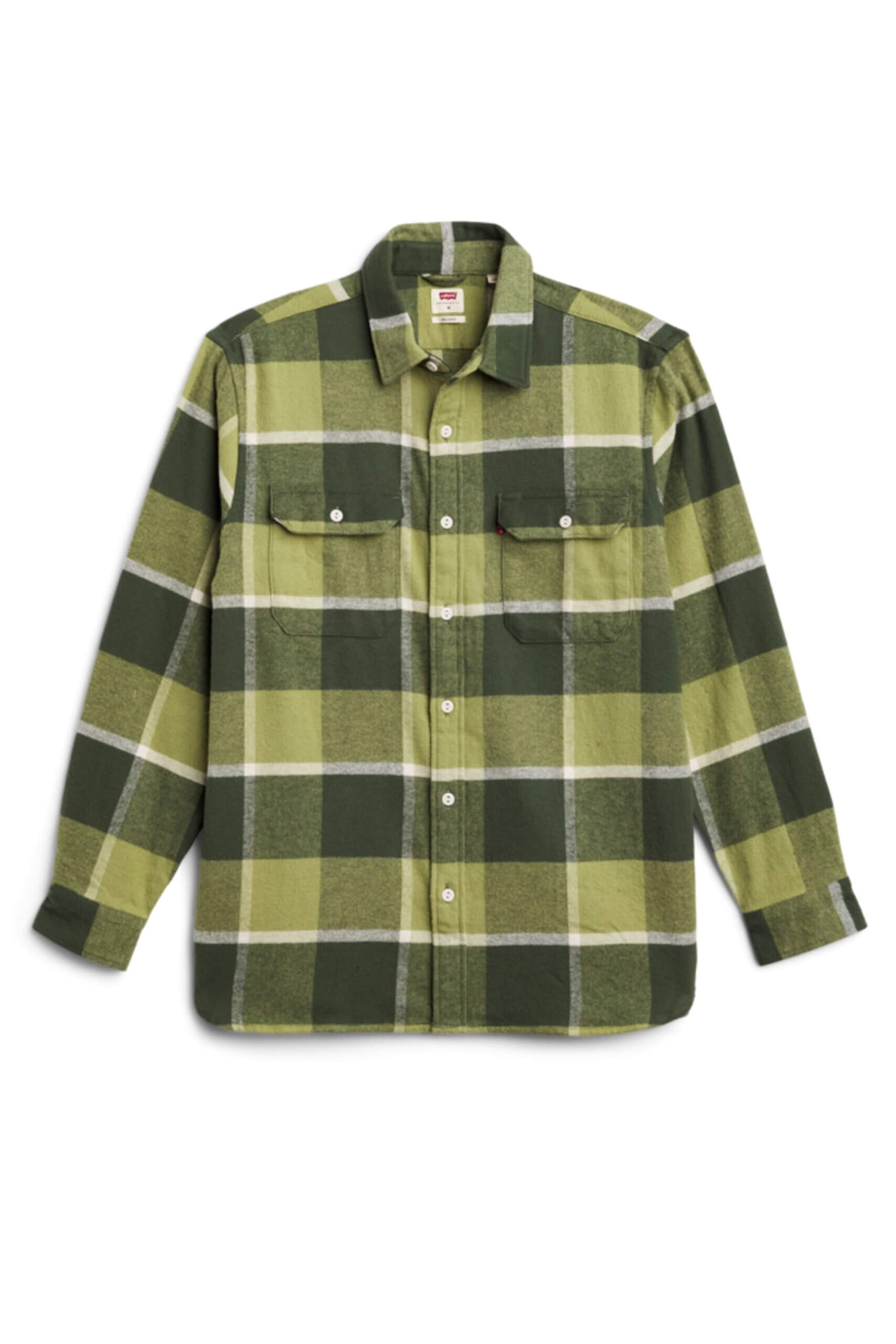 Stitch Fix Men’s white, dark green and olive plaid button-up shirt.