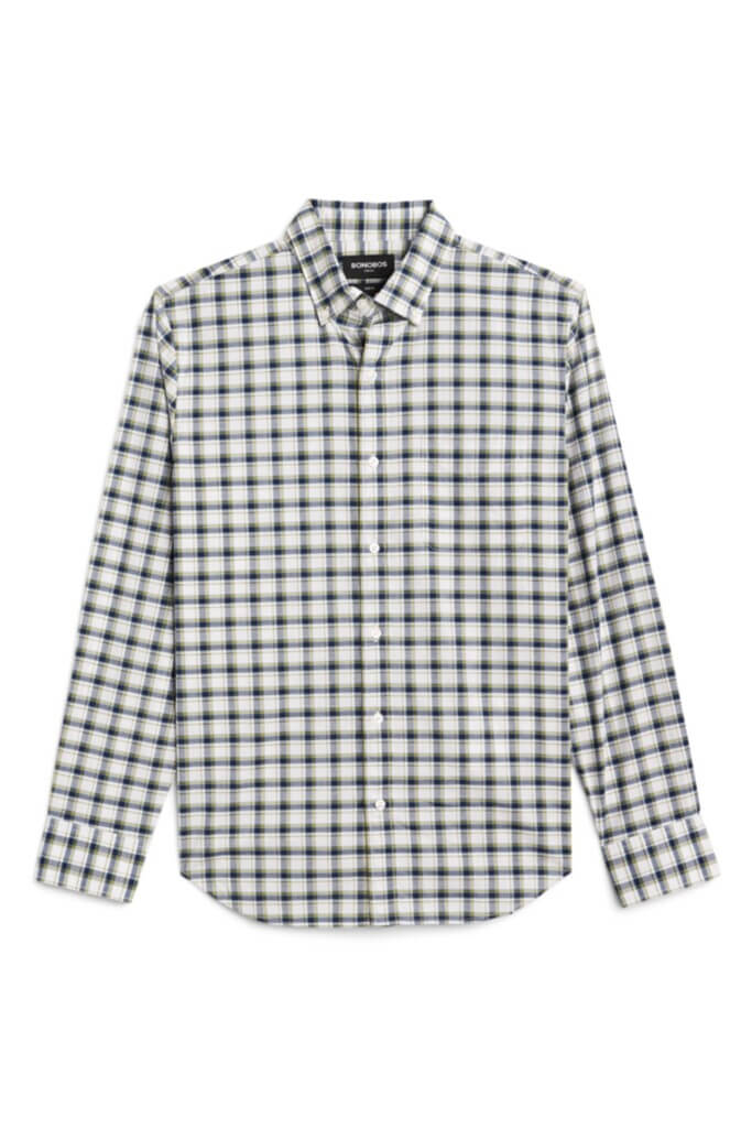 Stitch Fix Men’s white and navy plaid button-down shirt.
