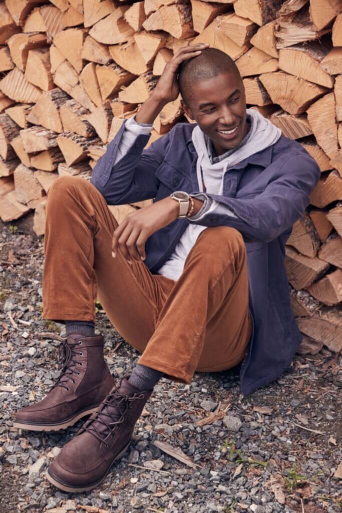 Stitch Fix Men’s model wearing a cabincore outfit with brown corduroy pants, grey hoodie, navy jacket and brown boots.