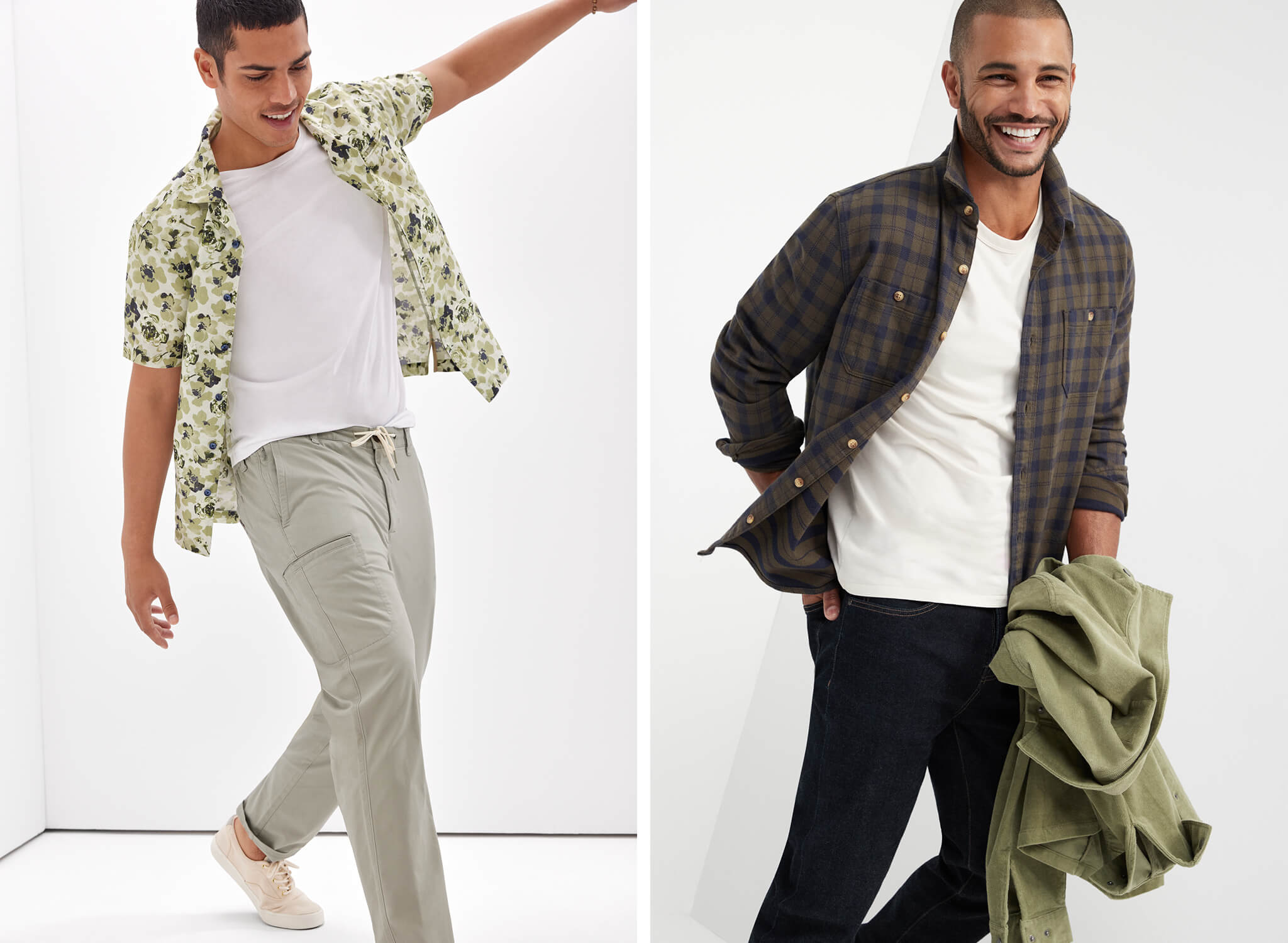 Men wearing layered outfit with patterned button up tee and white shirt and long sleeve button up and white shirt