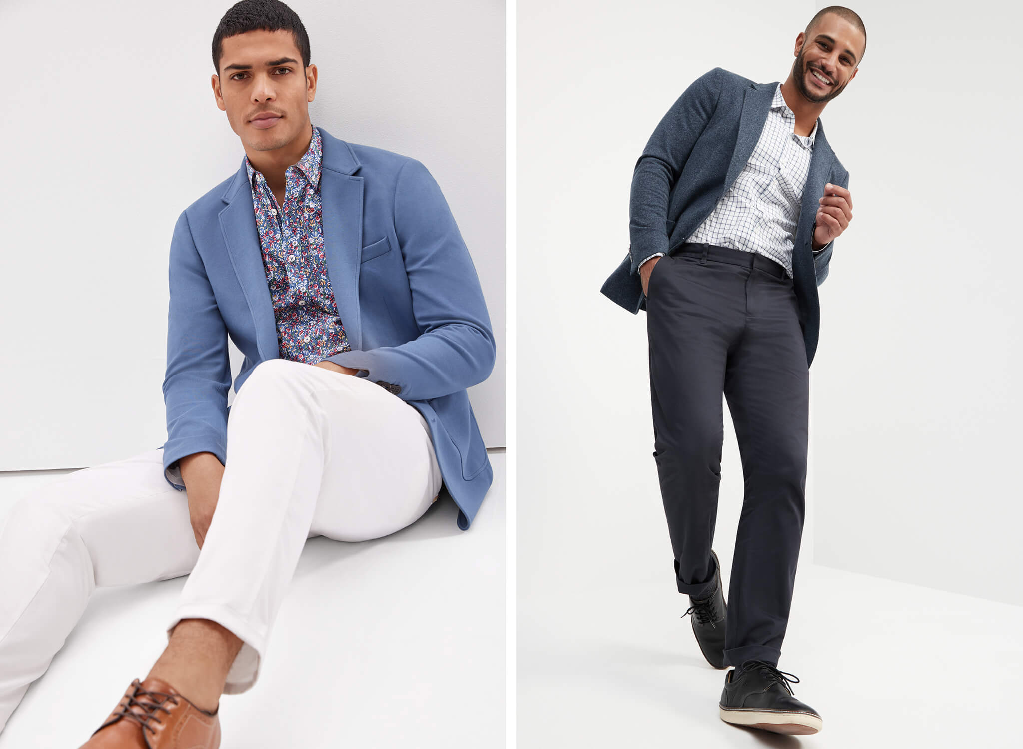 men's fall outfit featuring blue blazer and white denim, men's outfit featuring slim-cut blue blazer and shirt