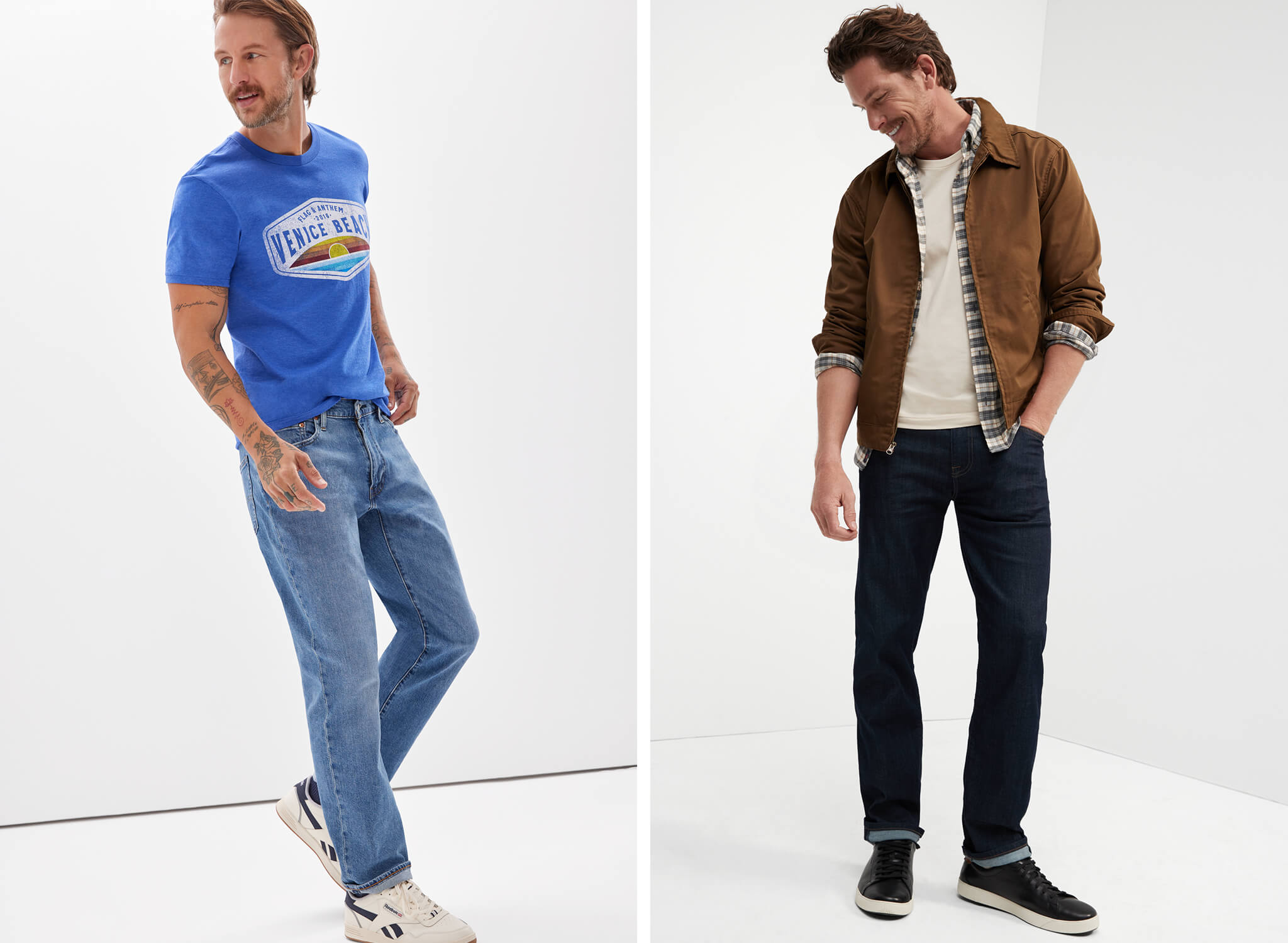 men's denim outfits featuring t-shirt sneakers and jeans, men's demin outfit with plaid shirt and jacket
