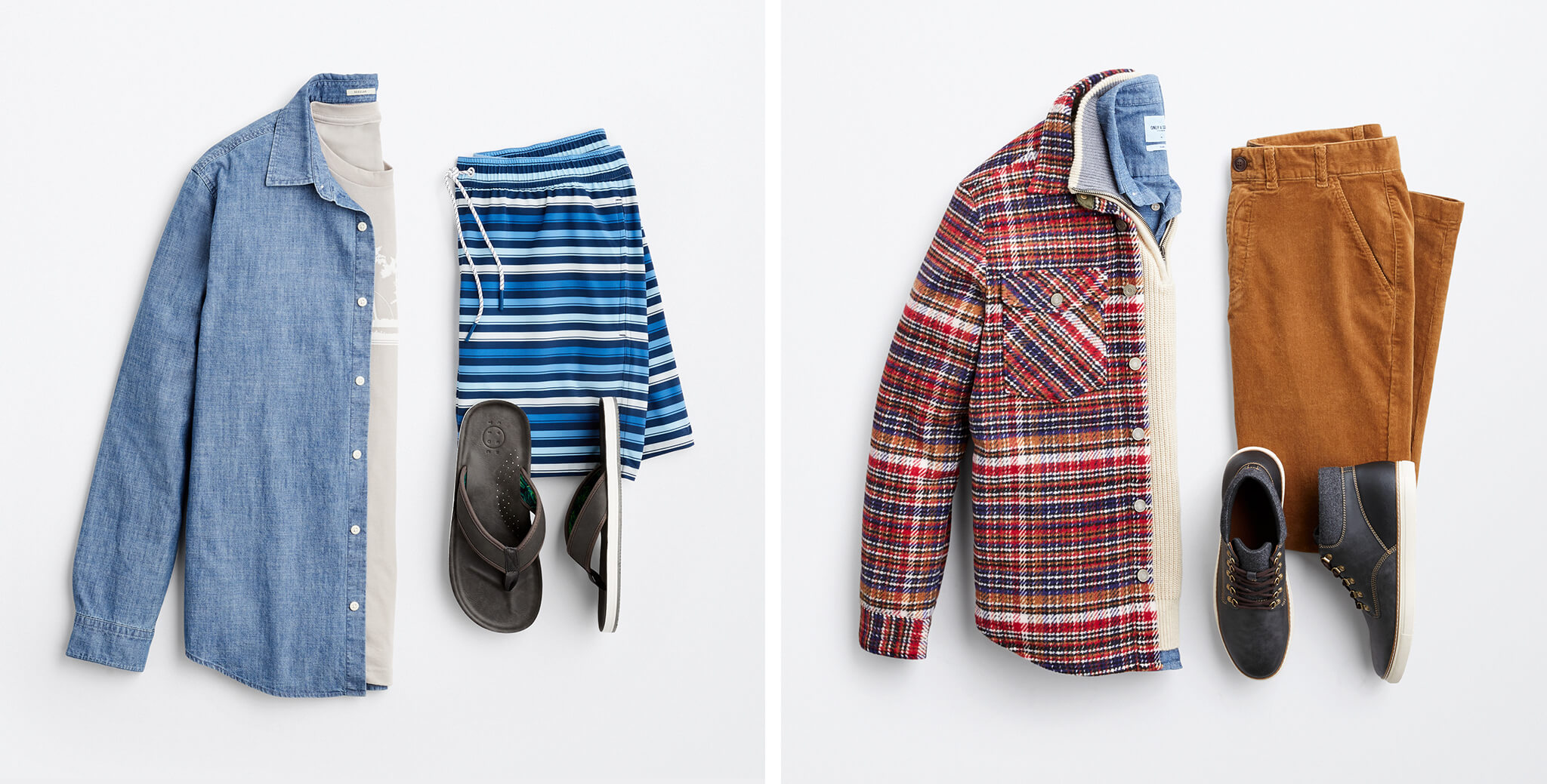 men's outfits featuring chambray shirts, t-shirts, and sweaters