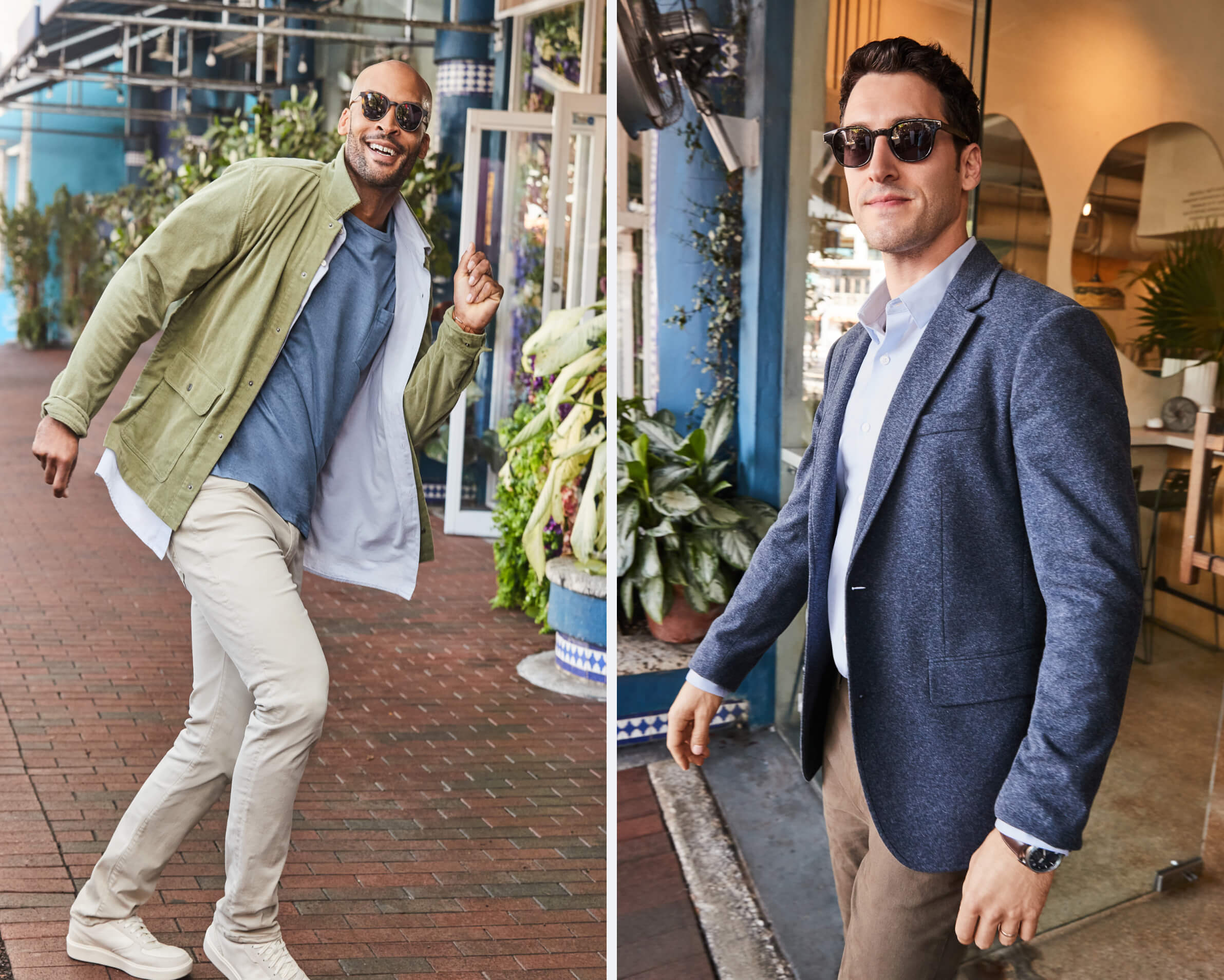 On the left: a man wearing white chinos, white sneakers, and a matcha green jacket over an open white button-down shirt and a periwinkle blue t-shirt. On the right, a man in tan slacks, light blue dress shirt, and navy blue blazer.