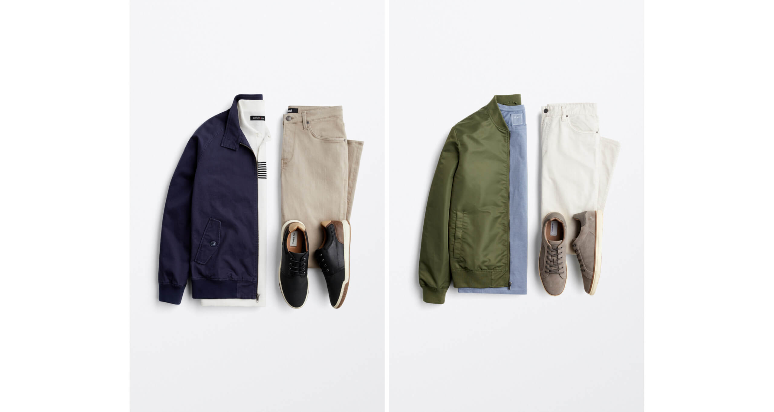  On the left, a flatlay of a navy blue bomber jacket, white polo shirt, khaki pants and black oxford sneakers. On the right, a flatlay of a sage green nylon bomber jacket, blue tee, white slacks, and gray sneakers.