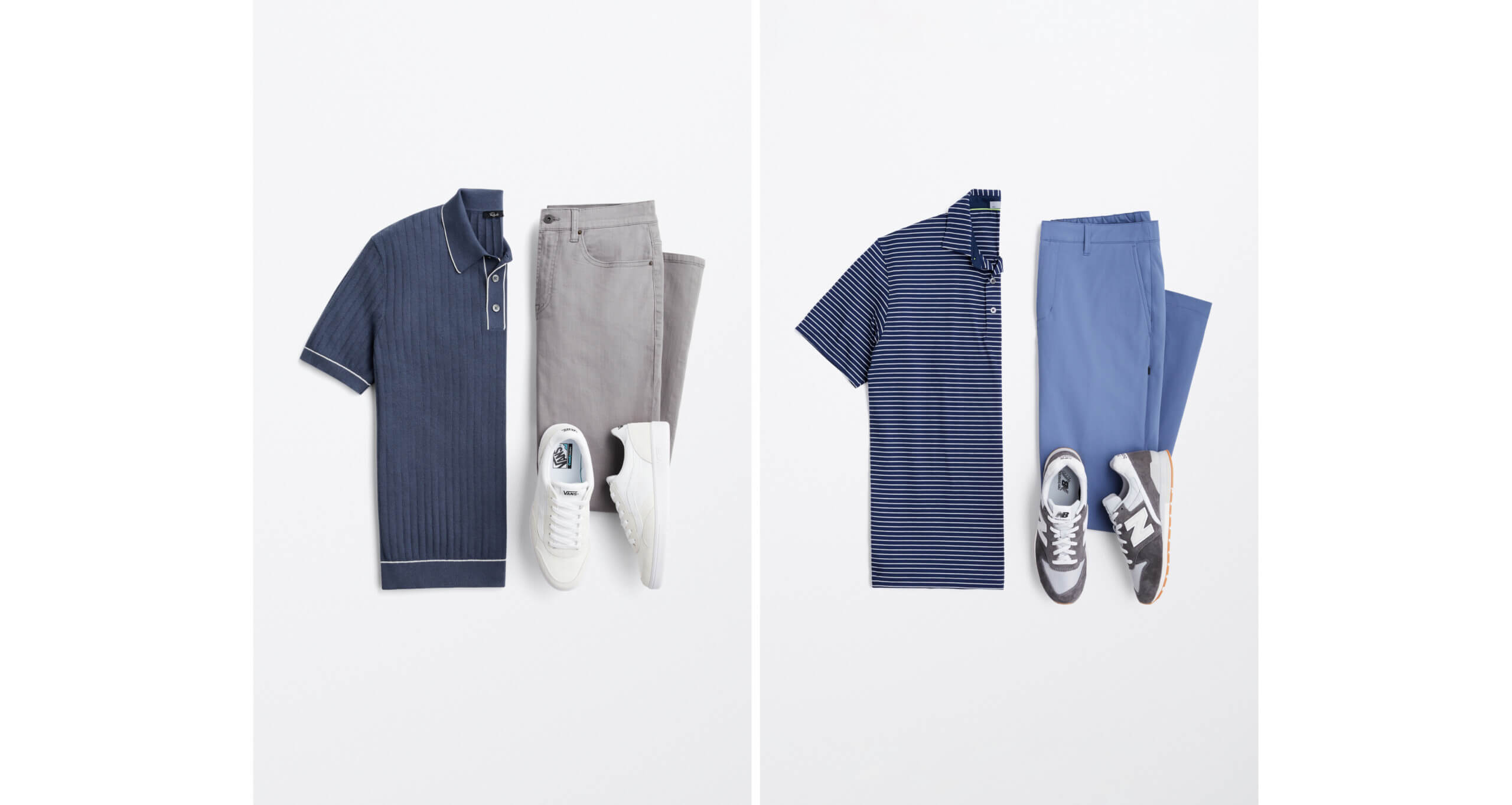 On the left, a flatlay of a blue polo shirt with white trim, grey golf pants, and white sneakers. On the right, a flatlay of a blue polo shirt with thin white horizontal stripes, blue golf pants, and gray and white New Balance sneakers.