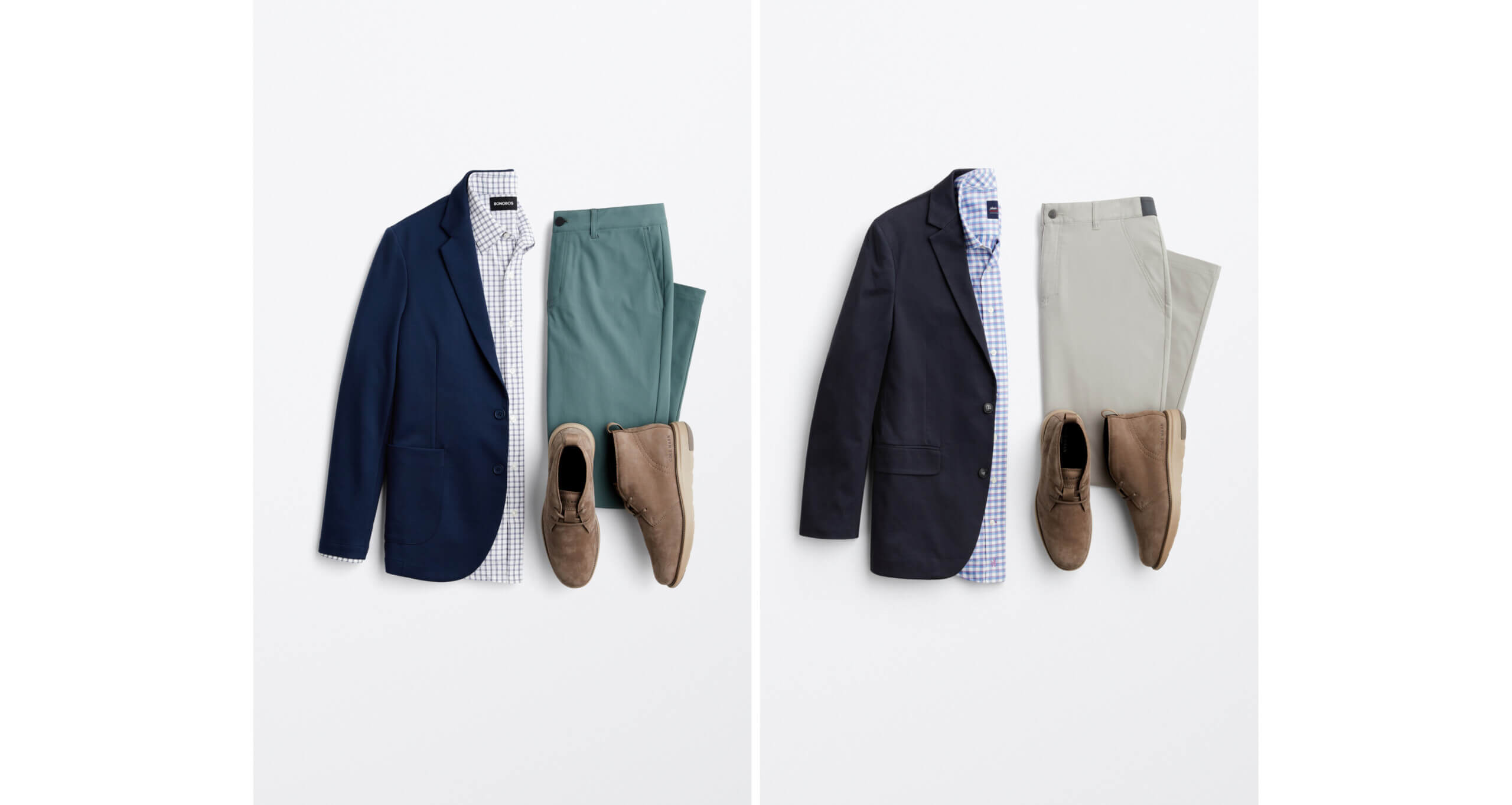 On the left, a flatlay of mint green chinos, tan chukka boots, a white and blue checked dress shirt, and a navy blue sport coat. On the right, a flatlay of tan chinos, tan chukka boots, a blue and white checked dress shirt, and a black blazer. 