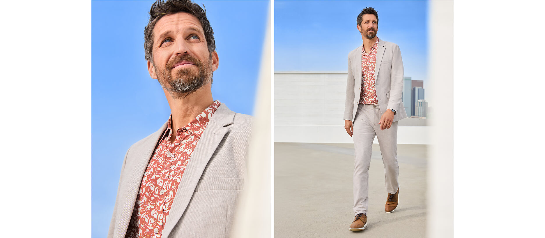 garden wedding outfit for men with floral shirt and tan suit