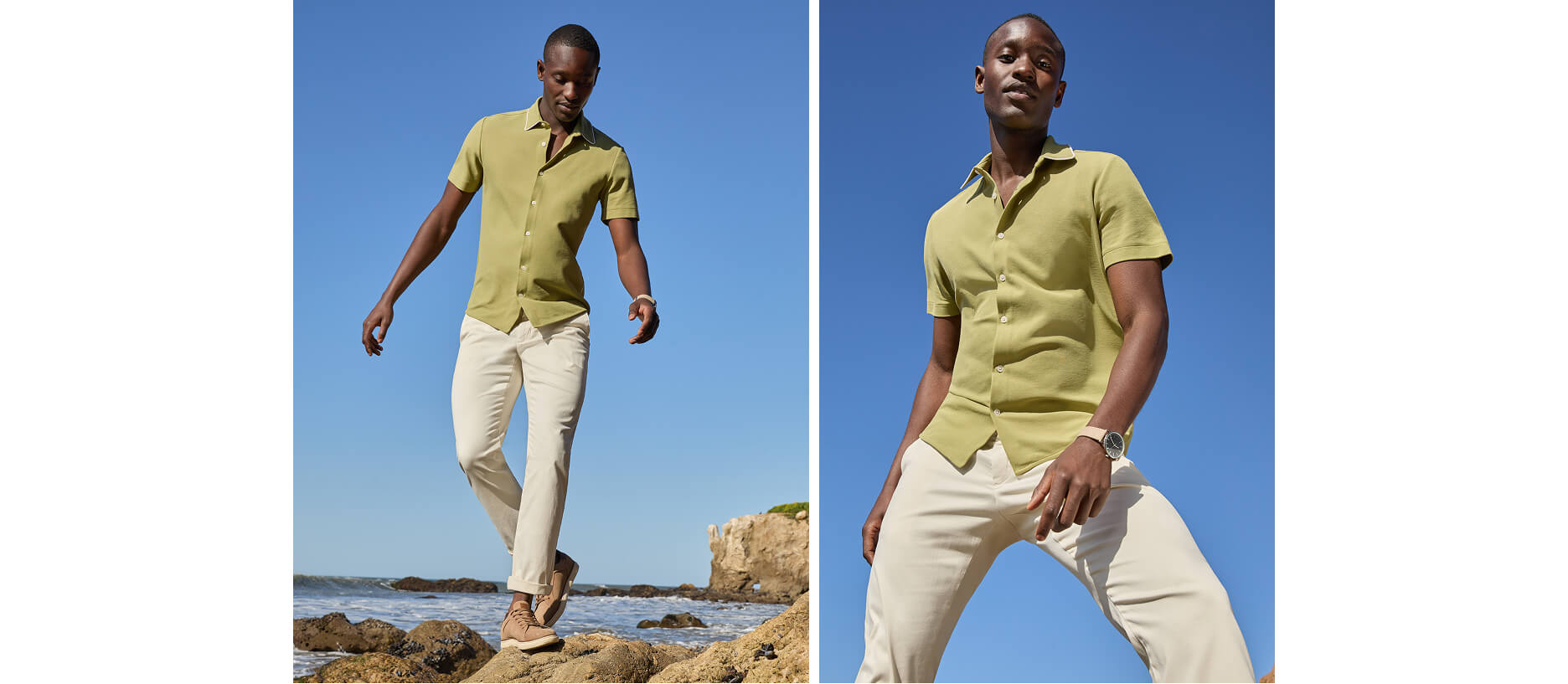 semi-formal beach wedding attire for men with relaxed fit pants and button up short sleeve shirt