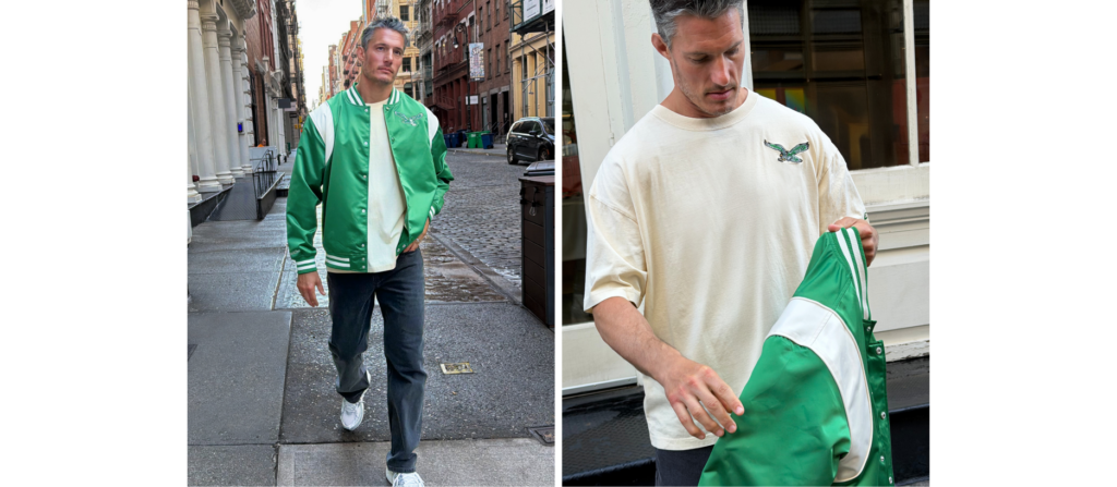 man in kelly green philadelphia eagles jacket and in white heavy weight shirt