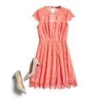 Stitch Fix Women’s Easter outfit featuring coral lace dress with off-white shoes.