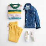Stitch Fix women’s jean jacket outfit laydown of grey, pink, brown, yellow and blue striped knit sweater, blue denim jacket, yellow joggers and white sneakers.