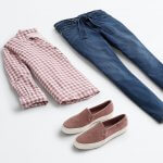 Stitch Fix outfit laydown featuring a gingham button-down shirt, tie-waist skinny jeans and mauve slip-on sneakers.