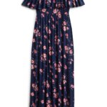Stitch Fix navy off-the-shoulder maxi dress with pink floral print and ruffle neckline.