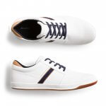 Stitch Fix men’s white sneakers with purple, brown and tan details.