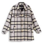 Stitch Fix women's purple, navy blue, cream and yellow plaid, button-front shacket. 