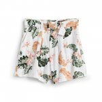 Stitch Fix Women’s white, olive and orange tropical floral print shorts with belted waist.