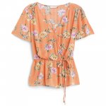Stitch Fix women’s short-sleeve orange floral print wrap blouse with side tie.