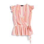 Stitch Fix women’s pink, orange and white striped wrap blouse with flutter sleeves.