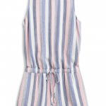 Stitch Fix Women’s pink, blue and white striped romper with a drawstring waist.