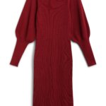 Stitch Fix women’s red maxi sweater dress with puff sleeve detail.