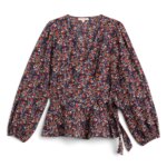 Stitch Fix women's navy floral print long-sleeve wrap blouse with tie waist.