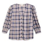 Stitch Fix women's navy, red and white button-front v-neck blouse.