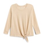 Stitch Fix women's beige long-sleeve shirt with knot at bottom.