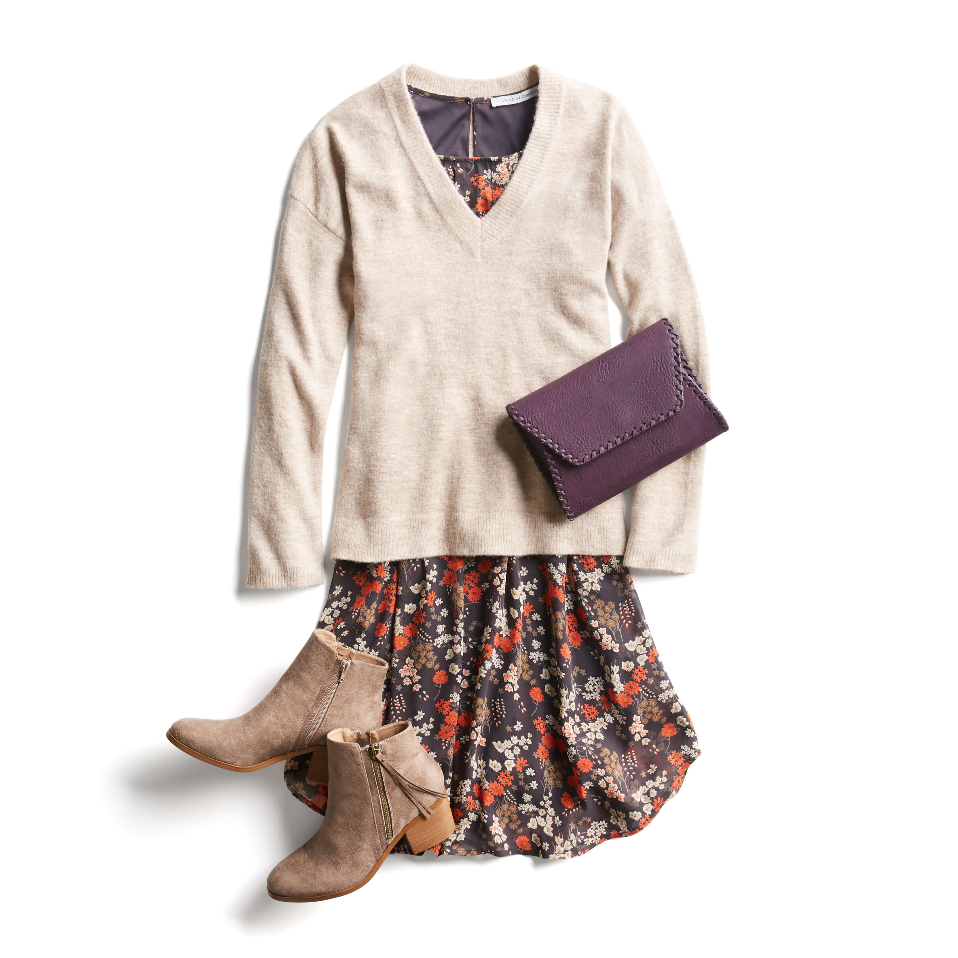 Layer sweater over dress with boots