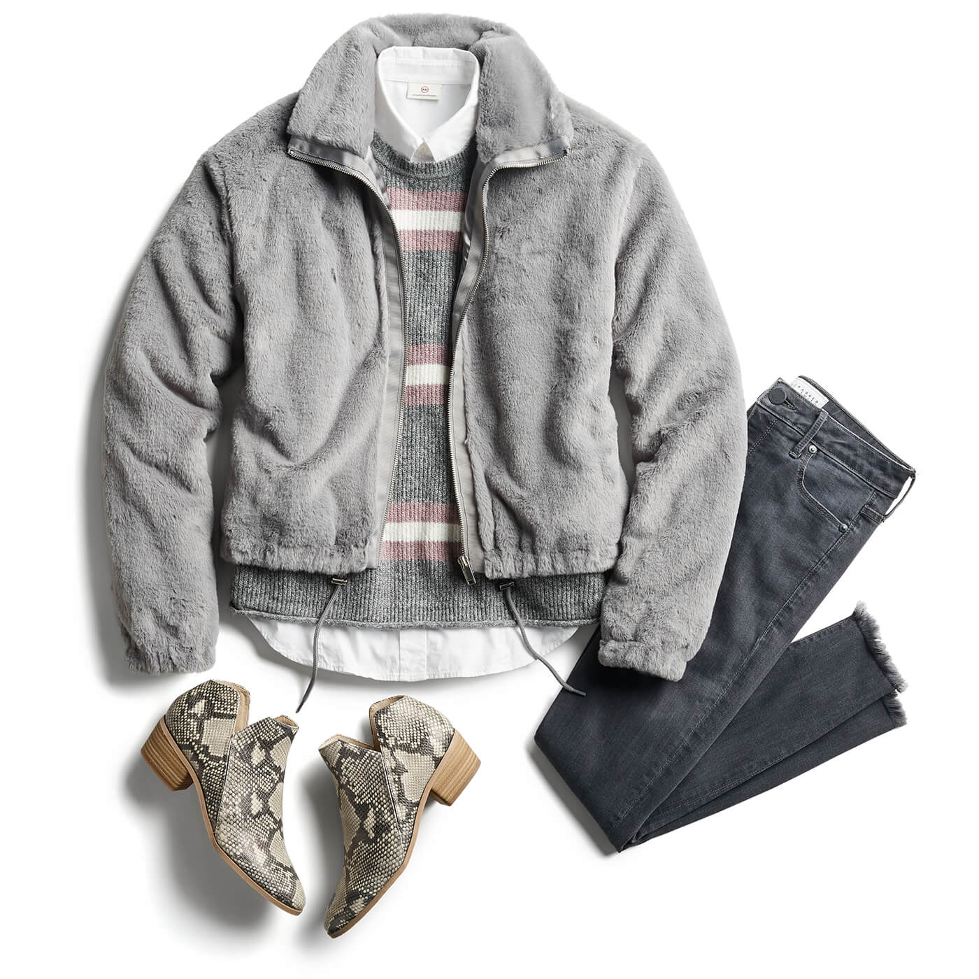 grey fleece jacket and grey jeans