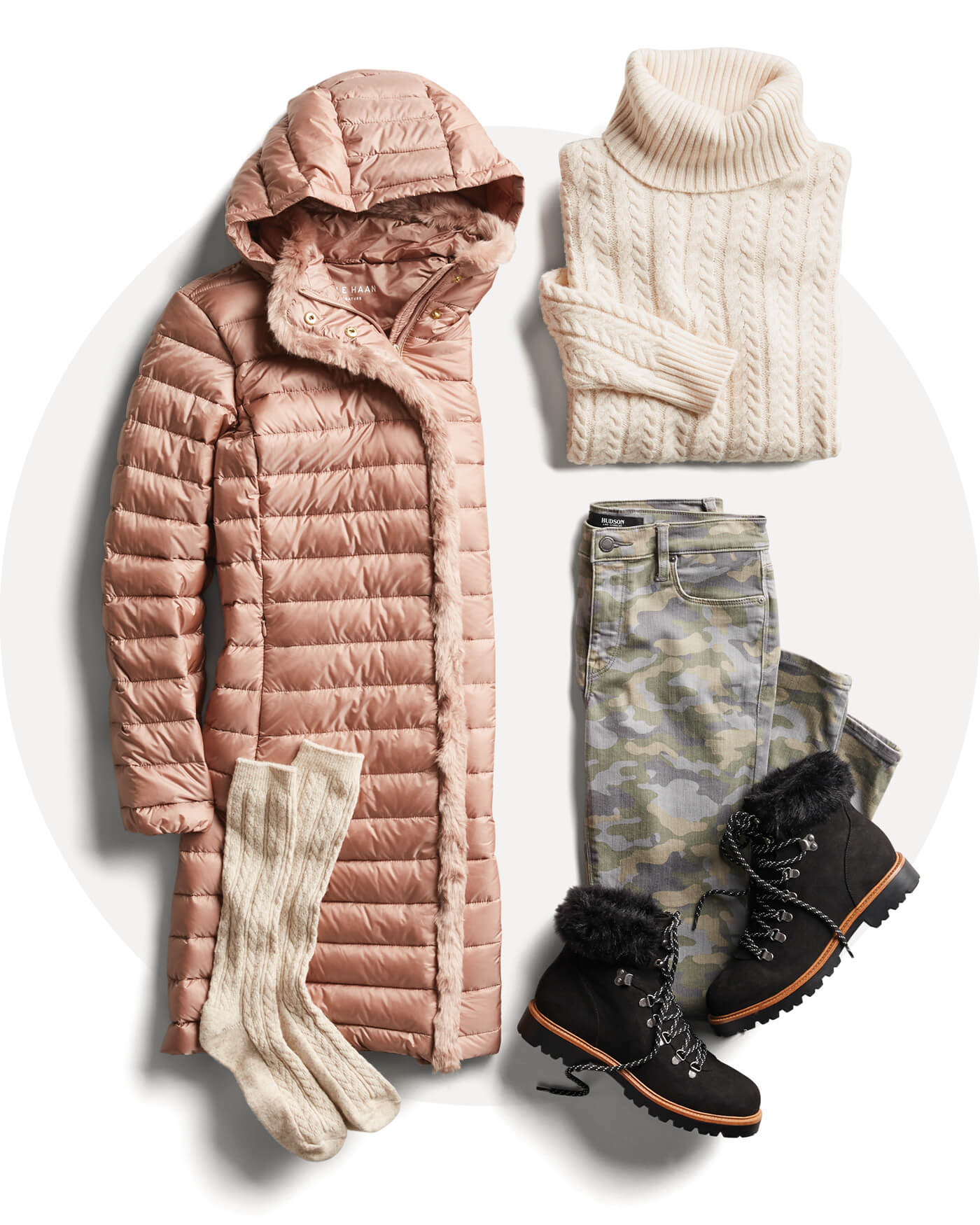 puffer jacket, furry boots, turtleneck sweater