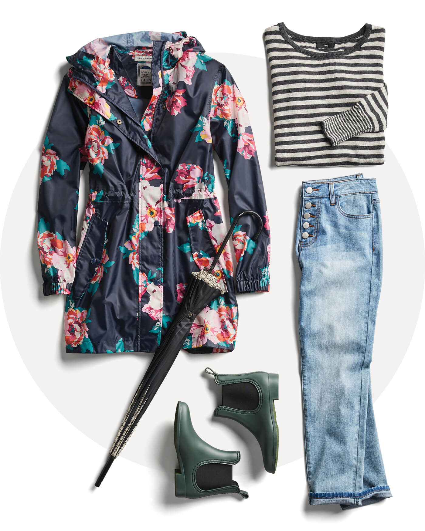 floral raincoat, lightwash denim, rain boots