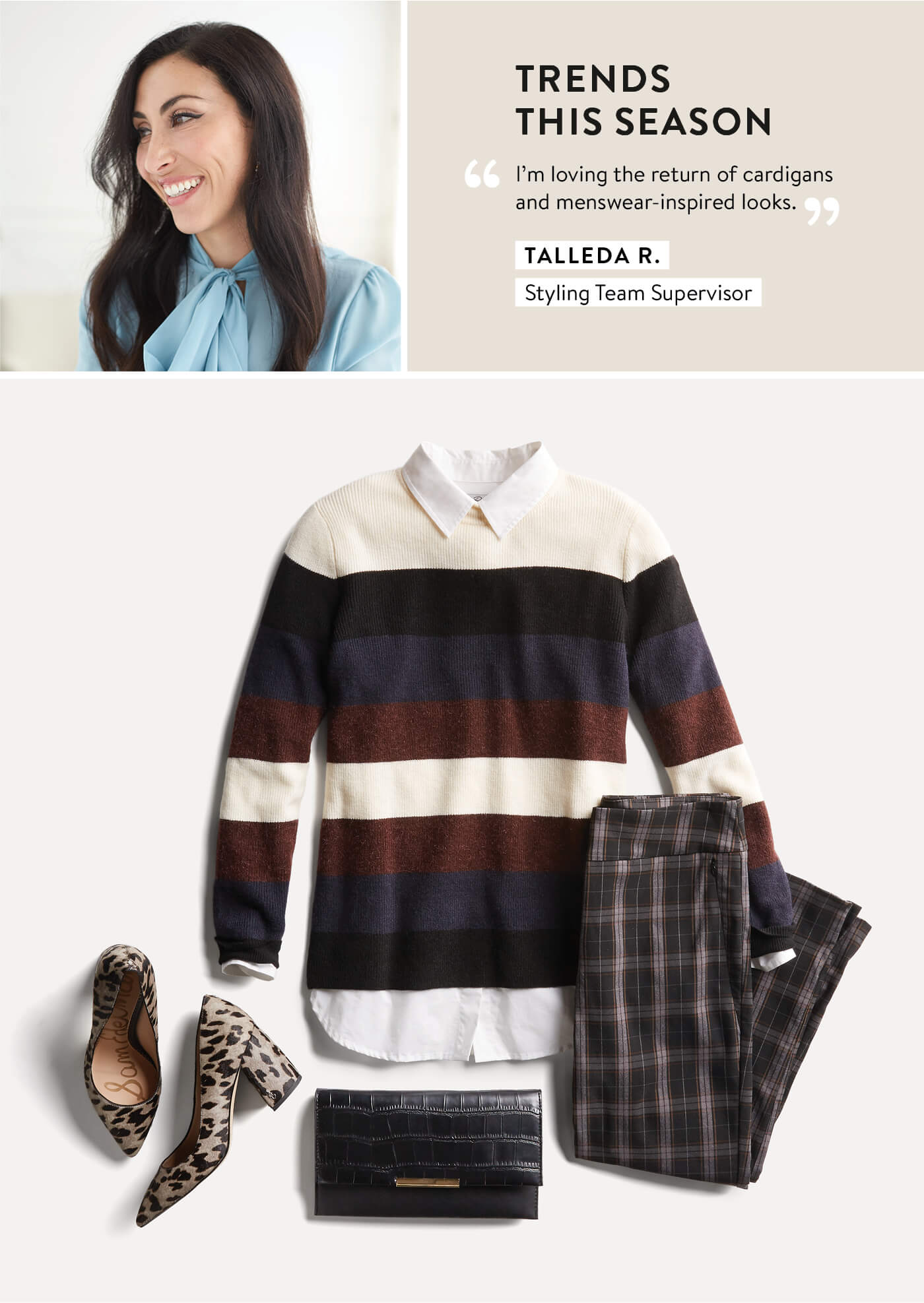 Stitch Fix Stylist, Talleda, striped sweater and plaid pants, leopard print heels
