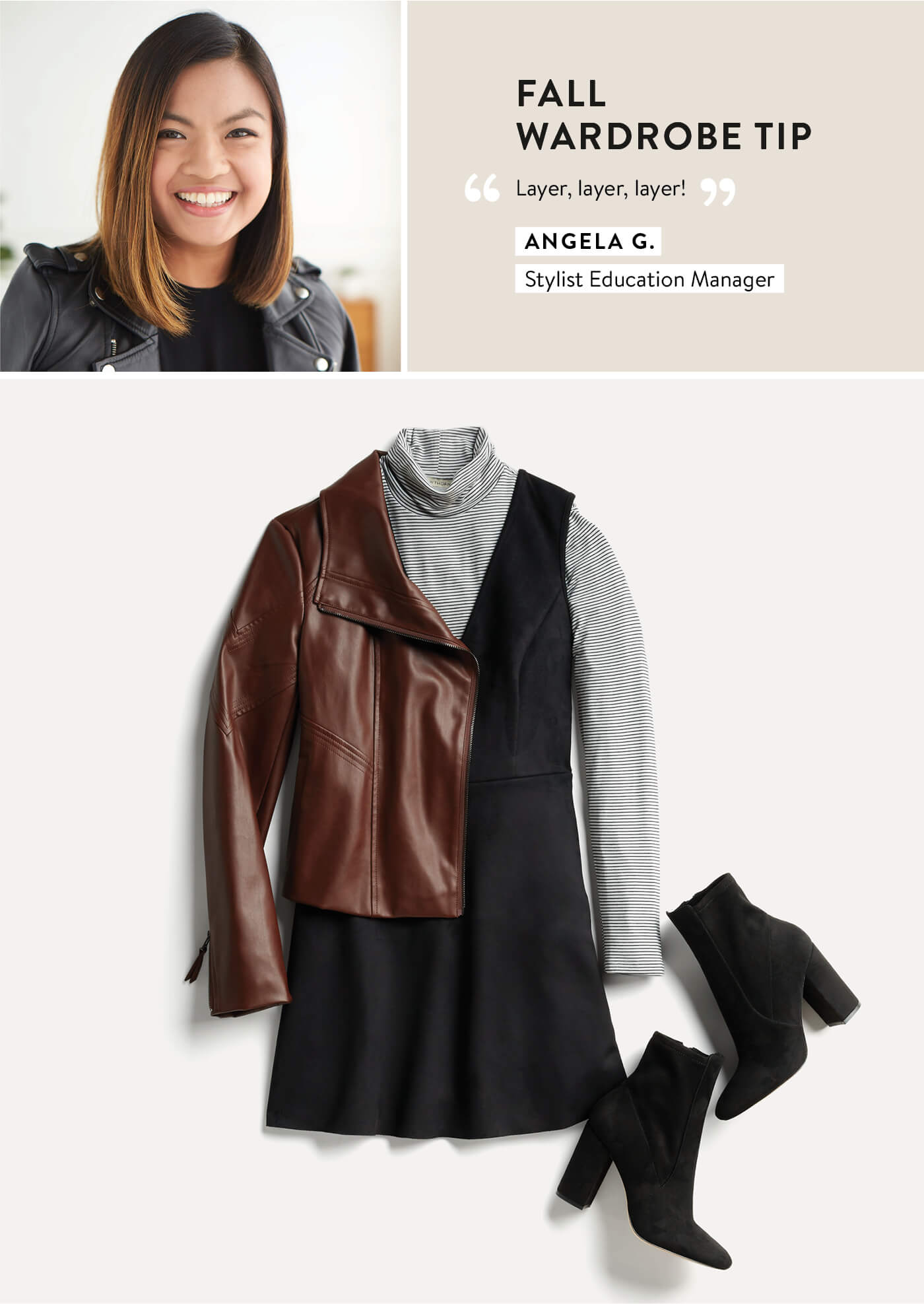 Stitch Fix Stylist Angela, moto jacket, turtleneck layered under dress