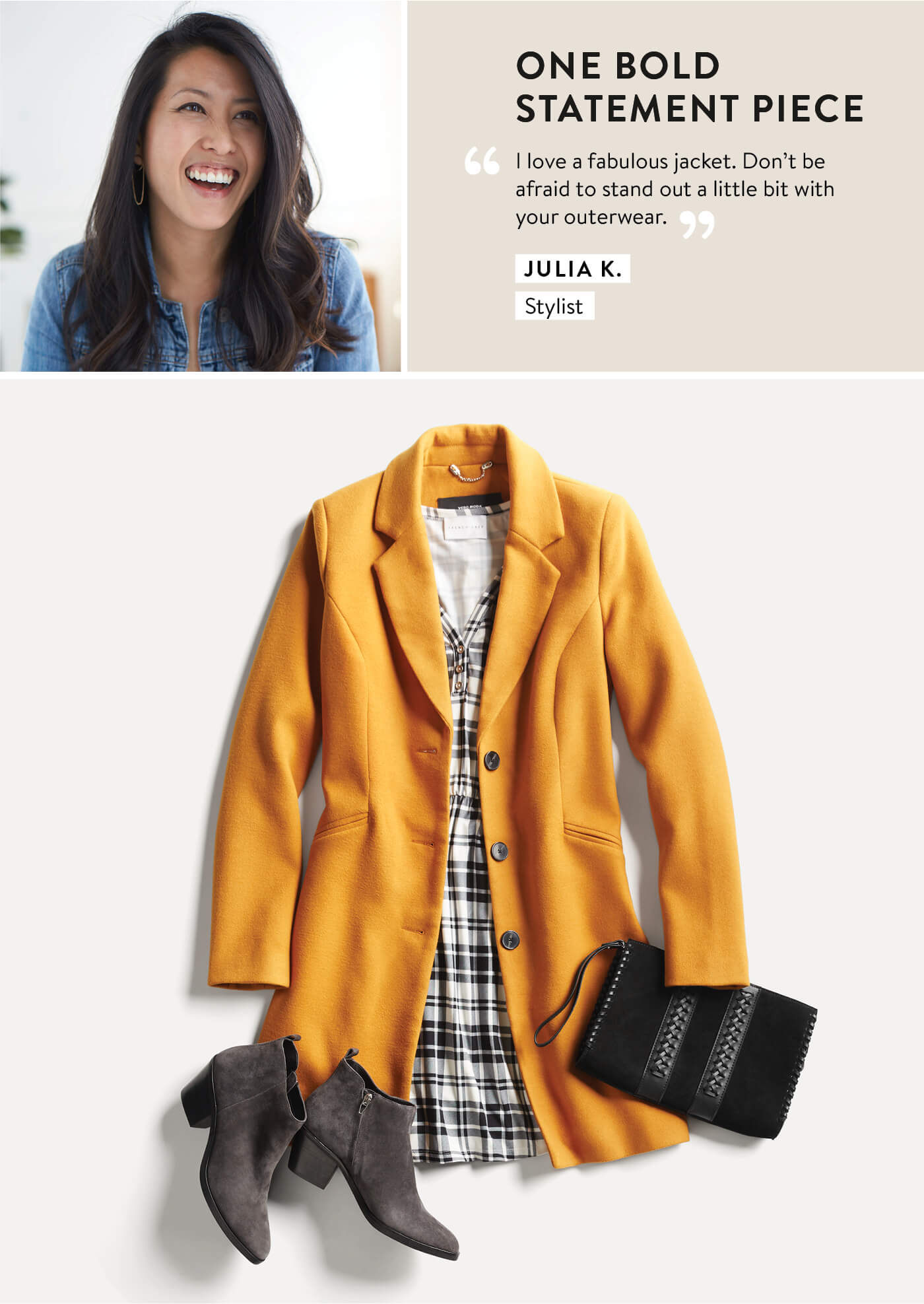 Stitch Fix Stylist, Julia, Yellow coat and plaid dress
