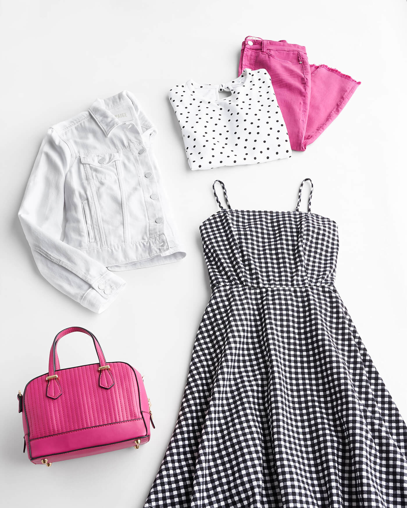 white denim jacket and gingham dress