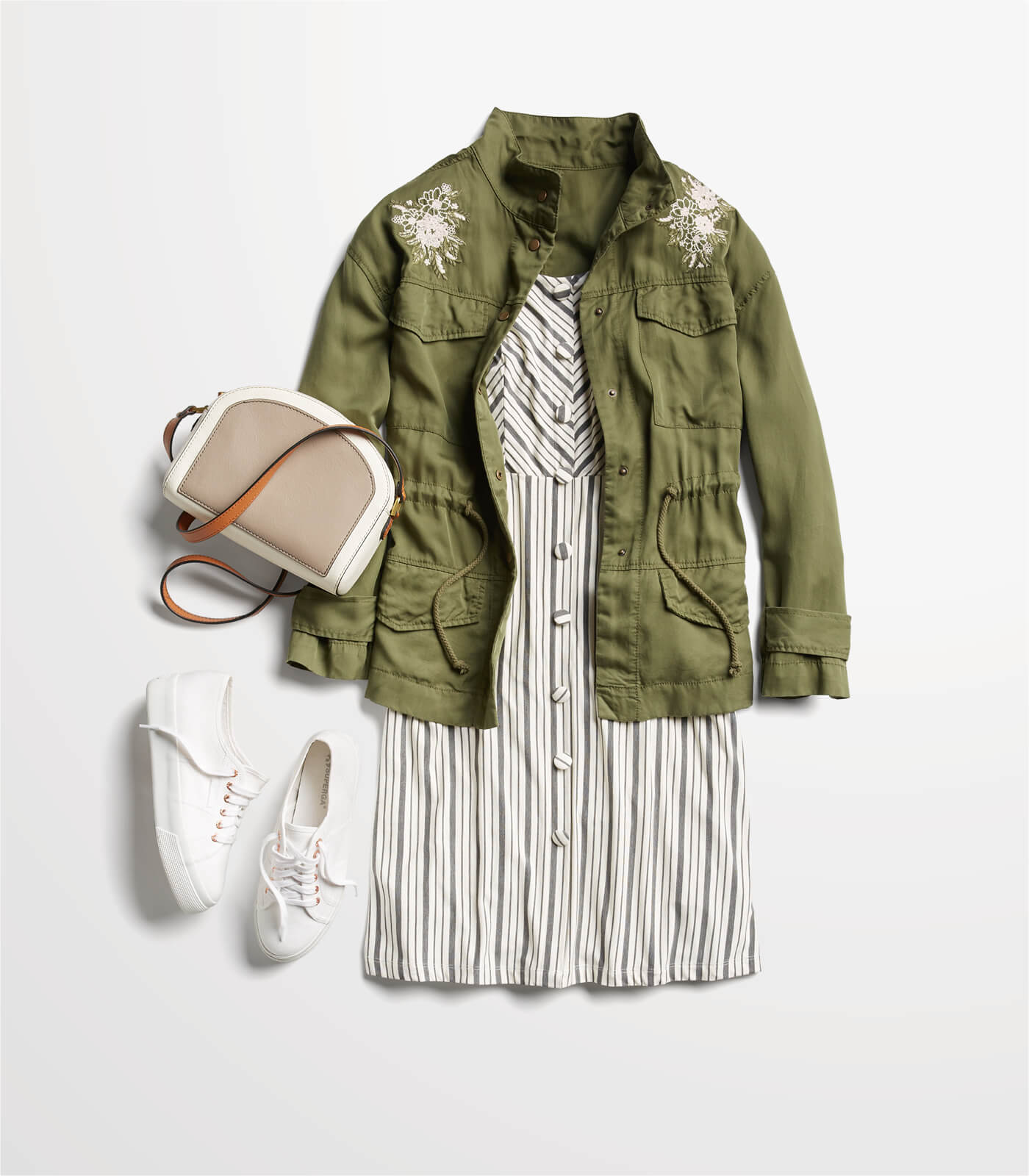 striped dress with cargo jacket and sneakers
