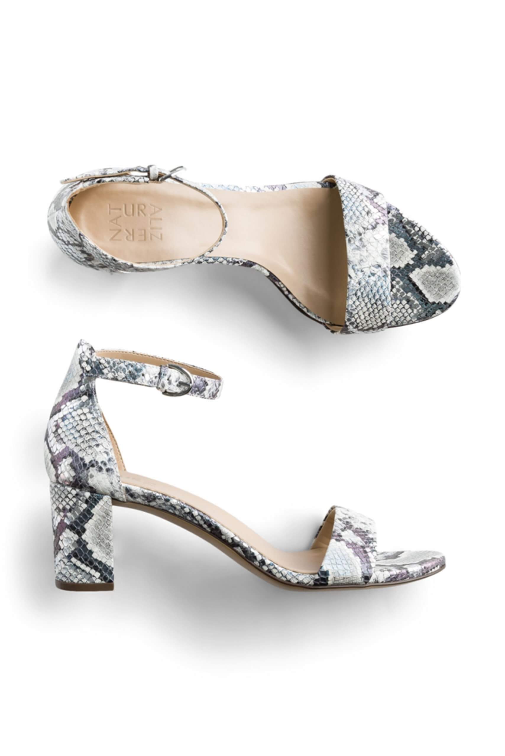 Stitch Fix women’s grey snake-print ankle-strap heels.