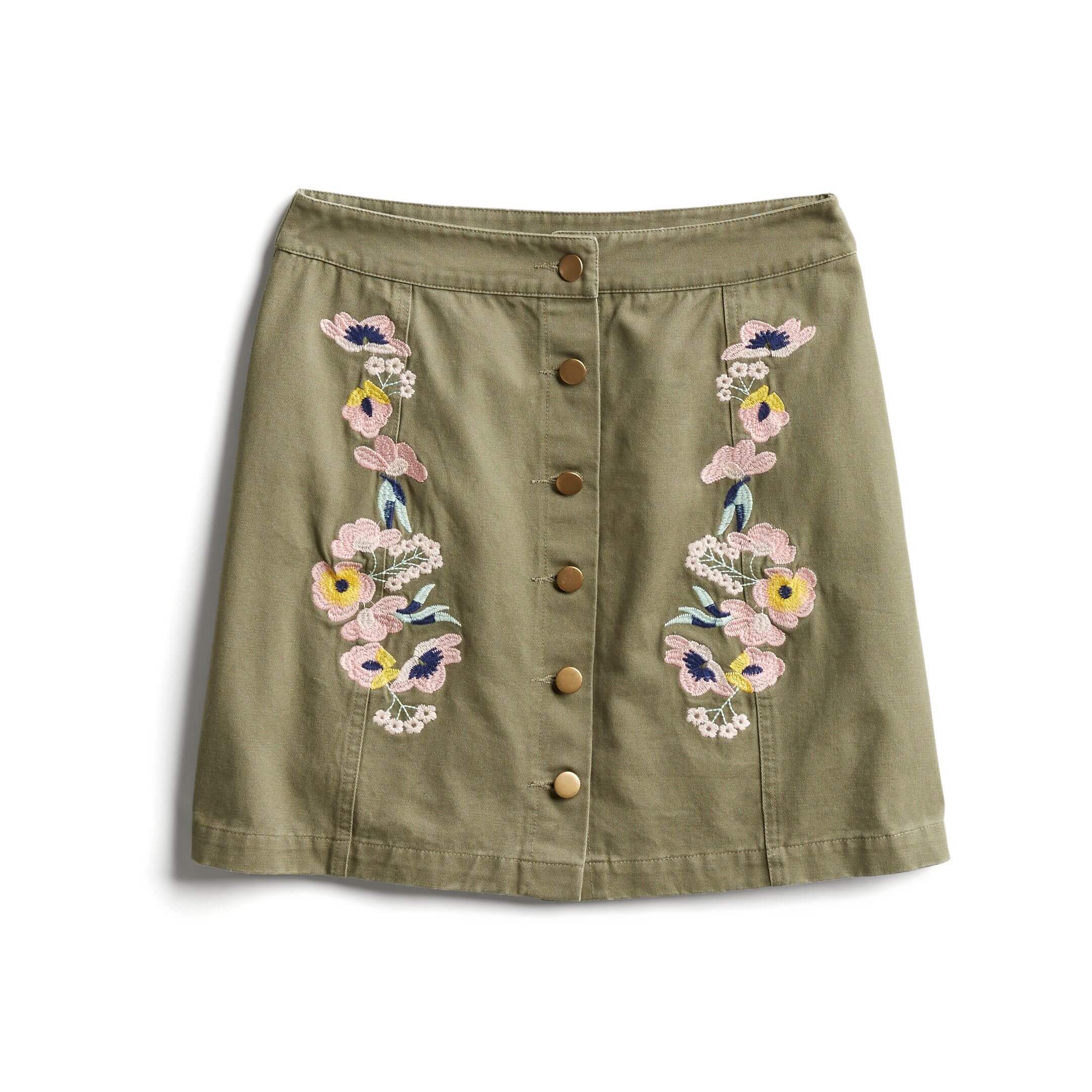 Stitch Fix Desert Daze olive mini skirt with button front and floral embroidery.
