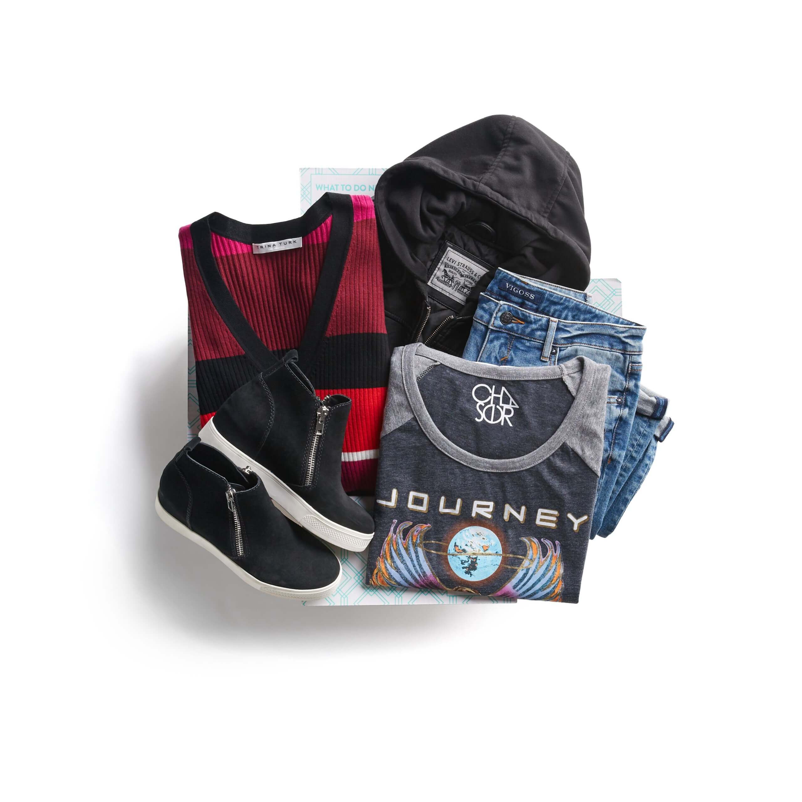 Stitch Fix Women’s date night at home featuring concert tee, blue jeans, red and black sweater, hoodie and sneakers.