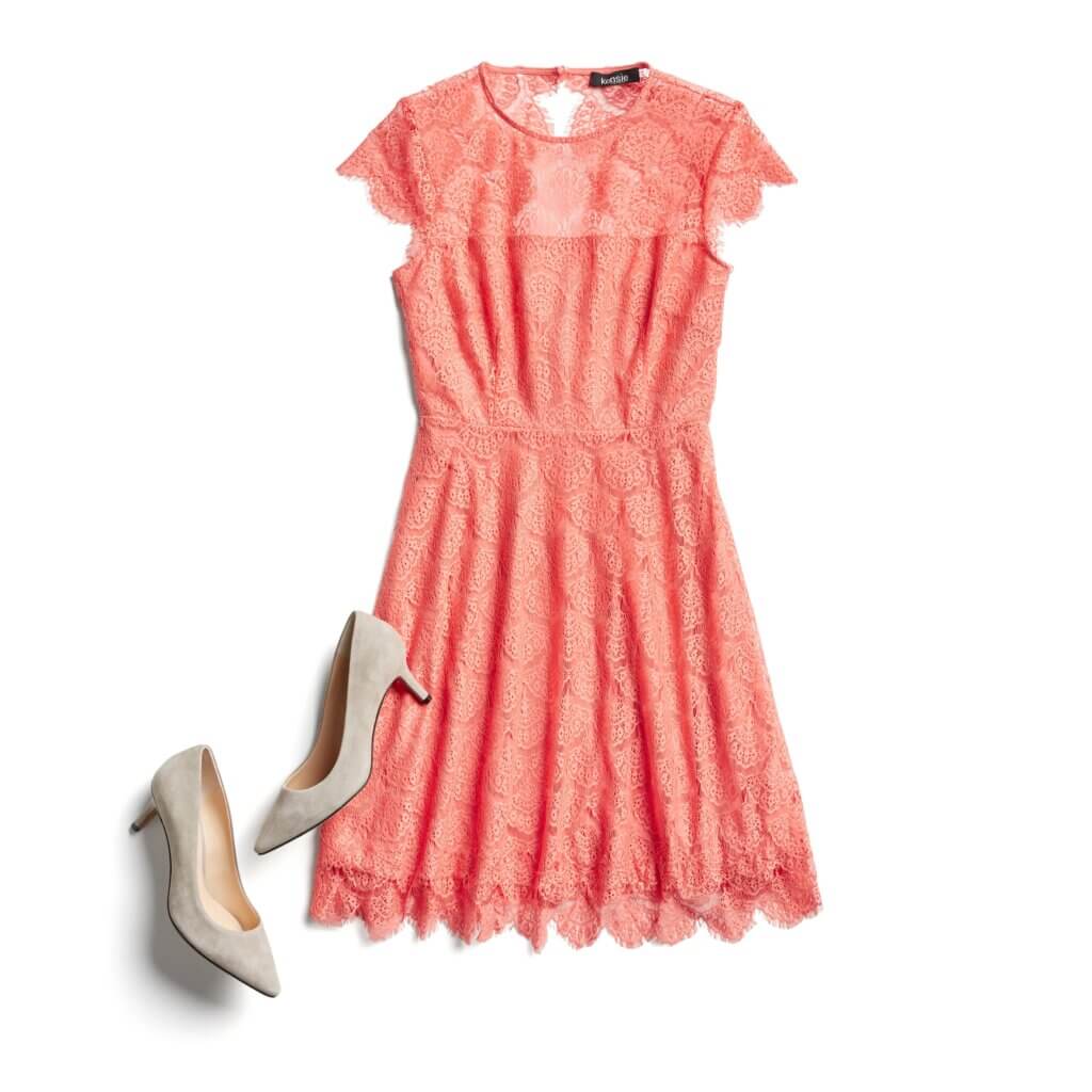Stitch Fix Women’s Easter outfit featuring coral lace dress with off-white shoes.