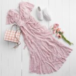 Stitch Fix pink floral maxi dress outfit with white sneakers, white and pink gingham satchel and pink flowers.