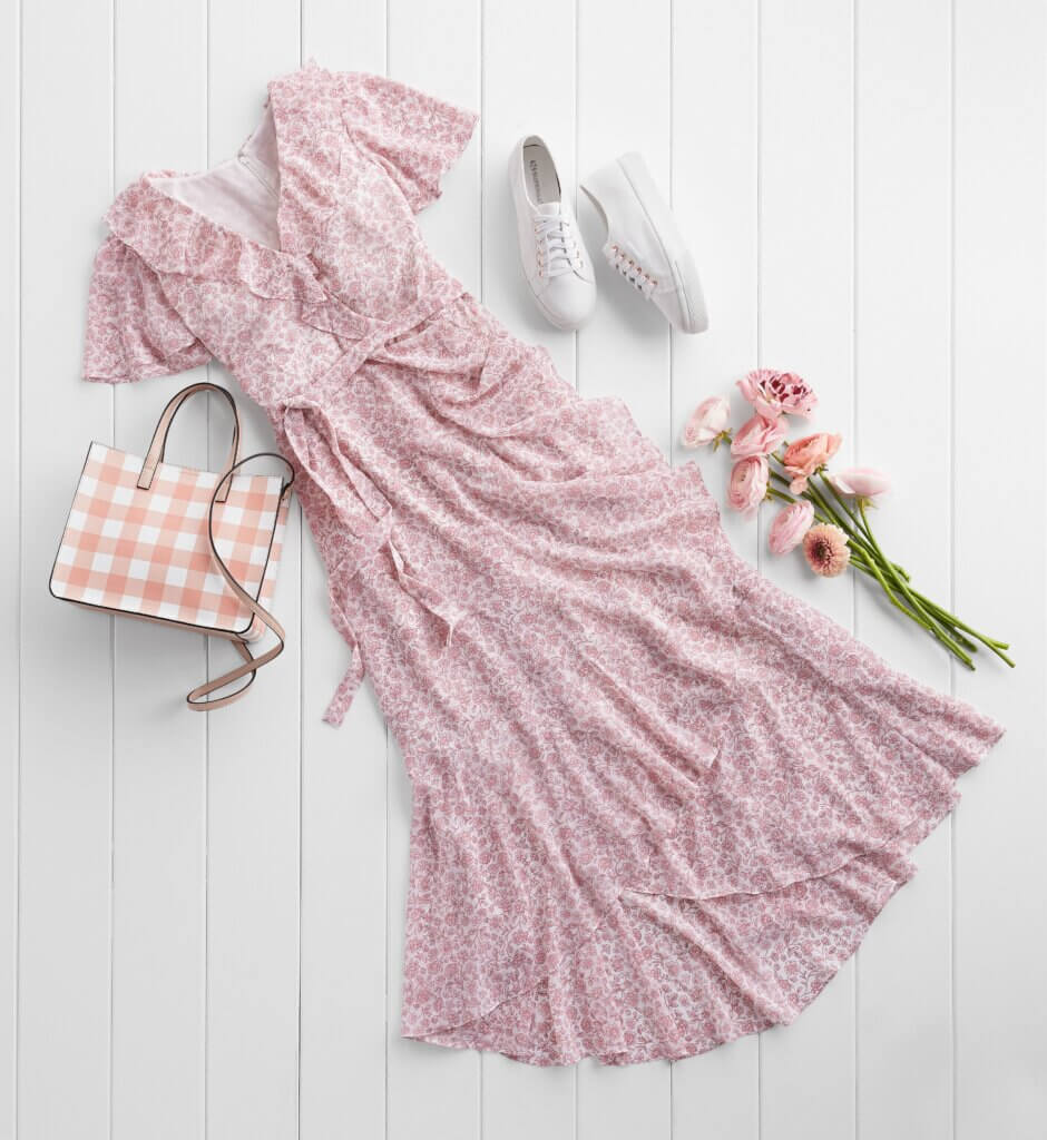 Stitch Fix pink floral maxi dress outfit with white sneakers, white and pink gingham satchel and pink flowers.